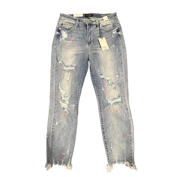 NWT Judy Blue W 9/29 High-Rise Destroyed Confetti Paint Boyfriend Jeans - Picture 4 of 9